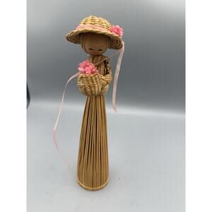 Vintage Straw Wicker Girl Figurine Basket Flowers Hat Handmade 10”
